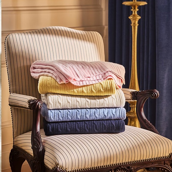 Ralph Lauren Cable Knit Throw Blanket Set - Pink Yellow Blue